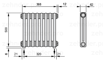 Схема (чертеж) Радиатор Zehnder Charleston 2050/8 №3570 Белый глянцевый RAL 9016